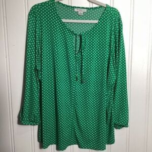 Liz Claiborne Womens Keyhole Long Sleeve Blouse Sz 2X Green White Stretch
